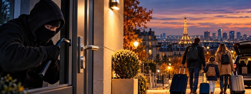 balise alt ? Tentative de cambriolage d’une porte d’entrée au crépuscule à Paris pendant les vacances de la Toussaint, alors qu’une famille part en voyage.